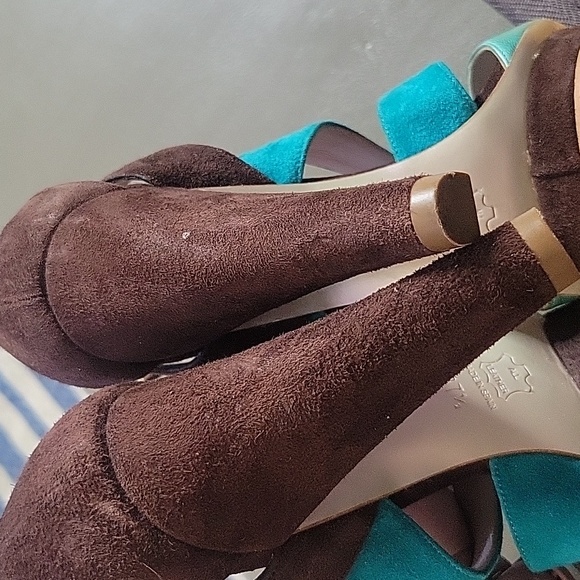 Magrit Spain Leather & Suede Ankle Strap Platform Heels Teal Blue & Brown 37.5 7 - Picture 9 of 16